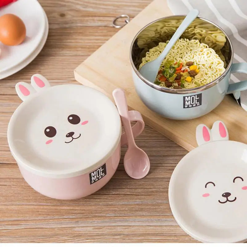 Stainless Steel Double-Layer Ramen Noodles Bowl Anti-Scalding Instant Noodle Bowl Cute Bunny with Lid and Spoon Tableware