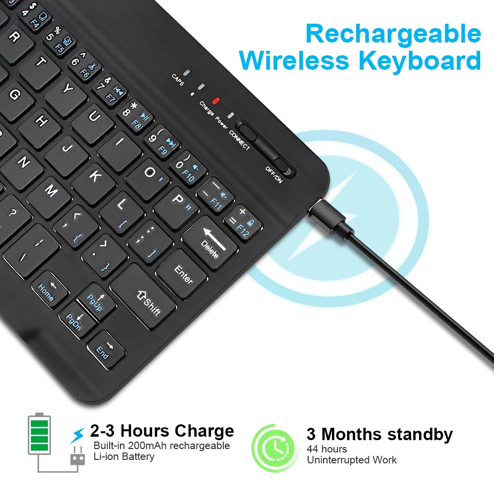 Bluetooth Wireless Keyboard 10 Inch Rechargeable Keyboard Russian English Keycaps for Ipad Tablet Laptop Adapter PC Accessories