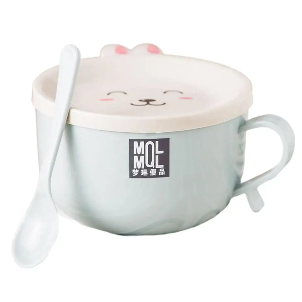 Stainless Steel Double-Layer Ramen Noodles Bowl Anti-Scalding Instant Noodle Bowl Cute Bunny with Lid and Spoon Tableware