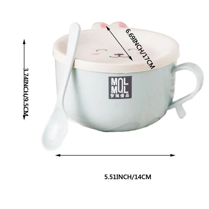 Stainless Steel Double-Layer Ramen Noodles Bowl Anti-Scalding Instant Noodle Bowl Cute Bunny with Lid and Spoon Tableware