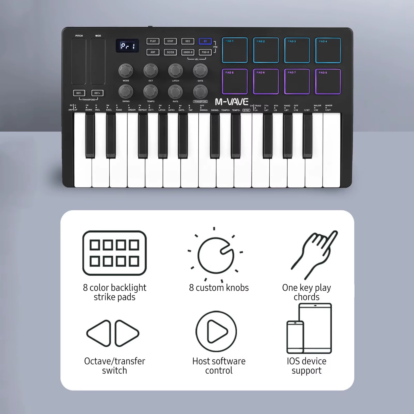 M-VAVE 25-Key MIDI Control Keyboard Mini Portable USB Keyboard MIDI Controller with 25 Velocity Sensitive Keys 8 RGB Backlit-Pad