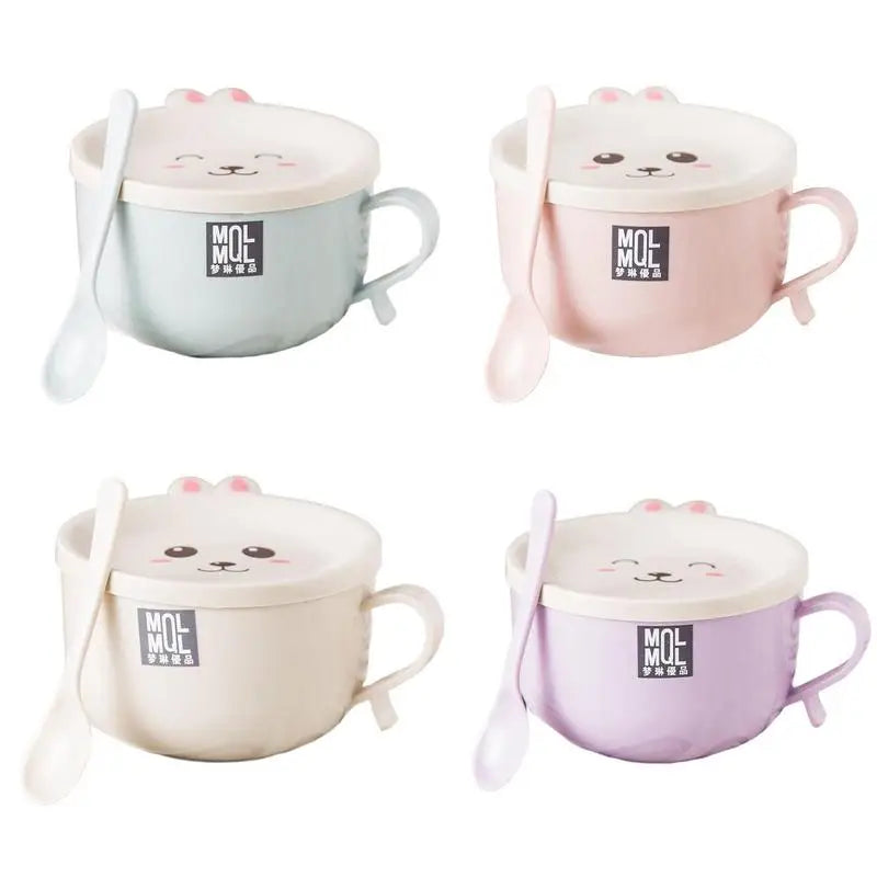 Stainless Steel Double-Layer Ramen Noodles Bowl Anti-Scalding Instant Noodle Bowl Cute Bunny with Lid and Spoon Tableware