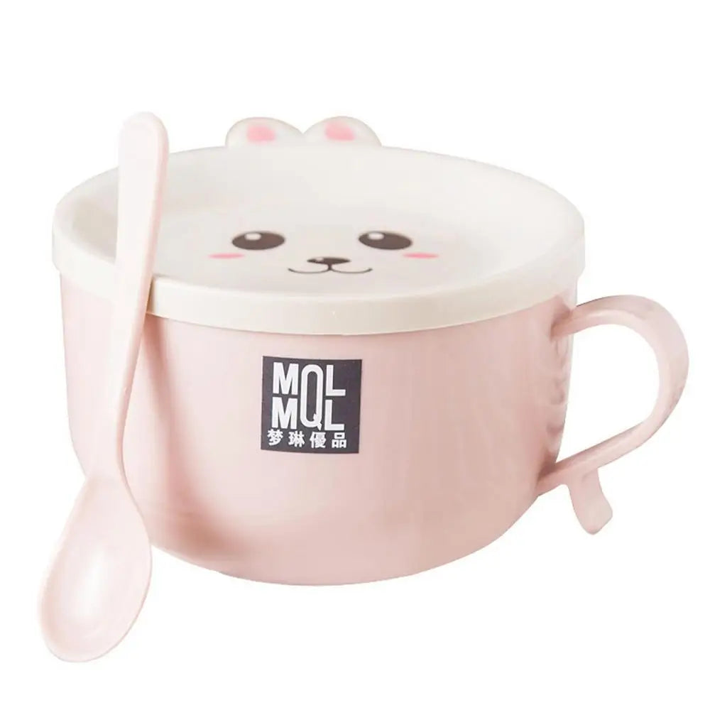 Stainless Steel Double-Layer Ramen Noodles Bowl Anti-Scalding Instant Noodle Bowl Cute Bunny with Lid and Spoon Tableware