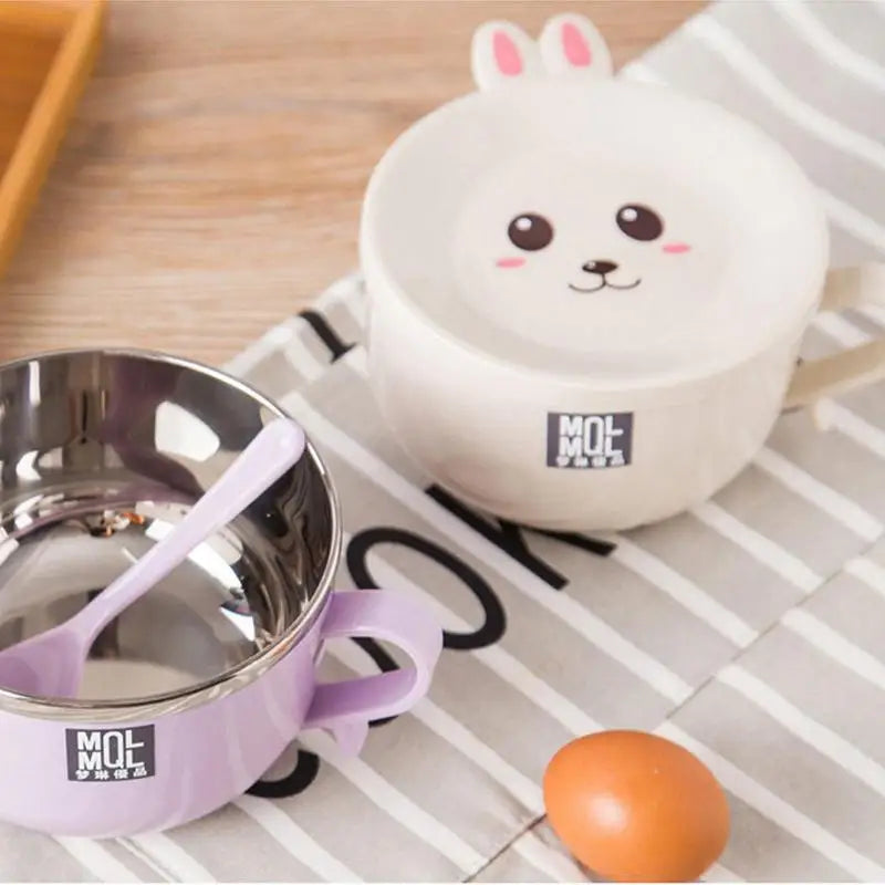 Stainless Steel Double-Layer Ramen Noodles Bowl Anti-Scalding Instant Noodle Bowl Cute Bunny with Lid and Spoon Tableware
