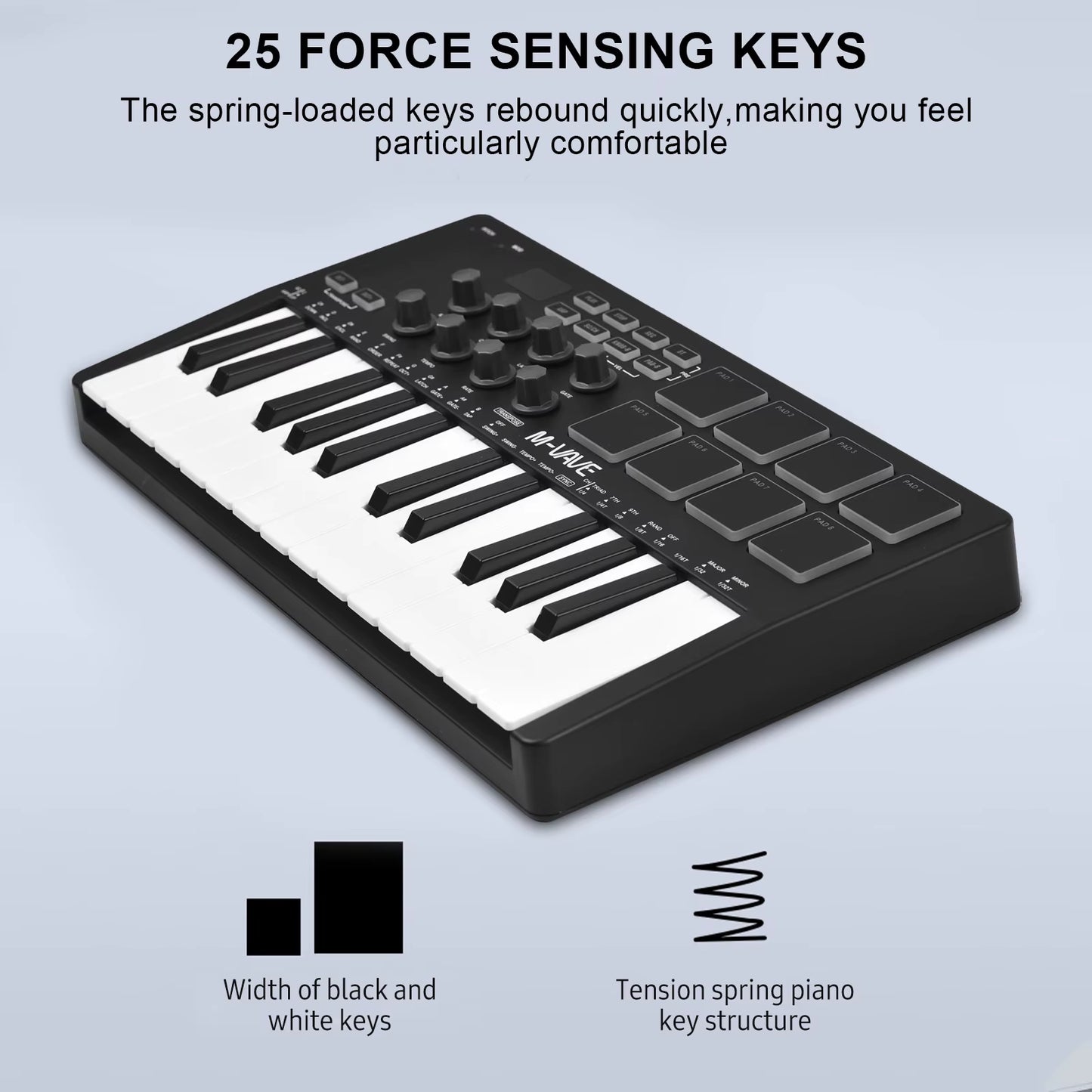 M-VAVE 25-Key MIDI Control Keyboard Mini Portable USB Keyboard MIDI Controller with 25 Velocity Sensitive Keys 8 RGB Backlit-Pad