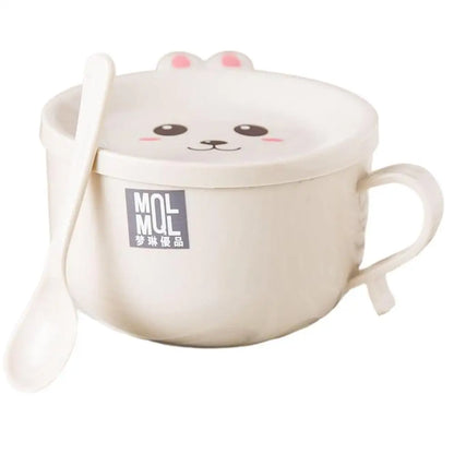 Stainless Steel Double-Layer Ramen Noodles Bowl Anti-Scalding Instant Noodle Bowl Cute Bunny with Lid and Spoon Tableware