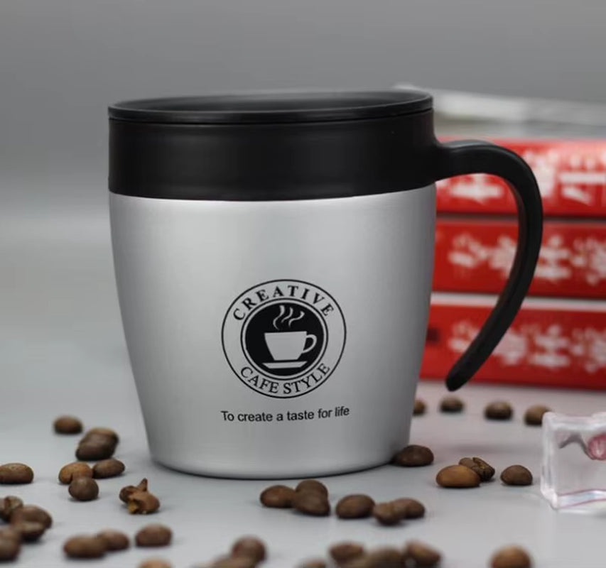 330ML Office Travel Coffee Cup Thermos Stainless Steel Coffee Mug Insulated Water Cups Tumbler with Handle Lid and Mixing Spoon