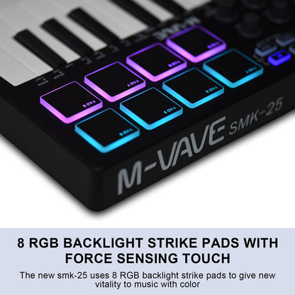 M-VAVE 25-Key MIDI Control Keyboard Mini Portable USB Keyboard MIDI Controller with 25 Velocity Sensitive Keys 8 RGB Backlit-Pad