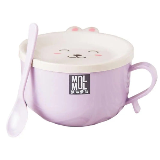 Stainless Steel Double-Layer Ramen Noodles Bowl Anti-Scalding Instant Noodle Bowl Cute Bunny with Lid and Spoon Tableware