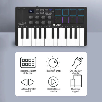 M-VAVE 25-Key MIDI Control Keyboard Mini Portable USB Keyboard MIDI Controller with 25 Velocity Sensitive Keys 8 RGB Backlit-Pad