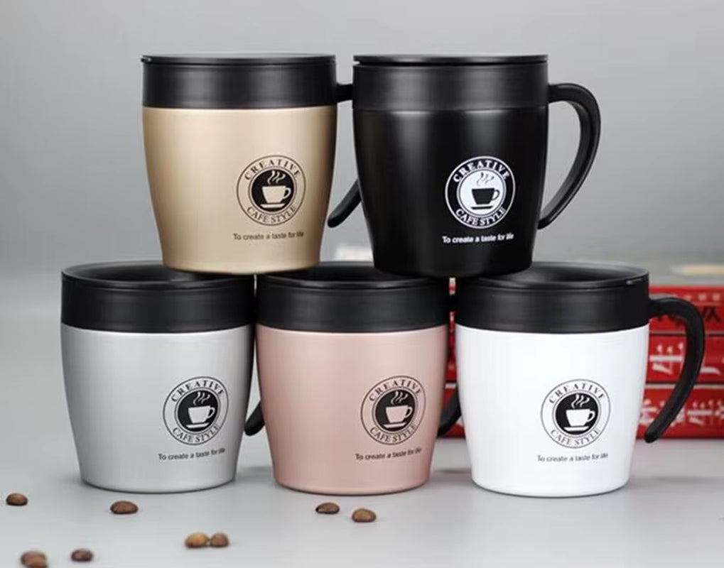 330ML Office Travel Coffee Cup Thermos Stainless Steel Coffee Mug Insulated Water Cups Tumbler with Handle Lid and Mixing Spoon