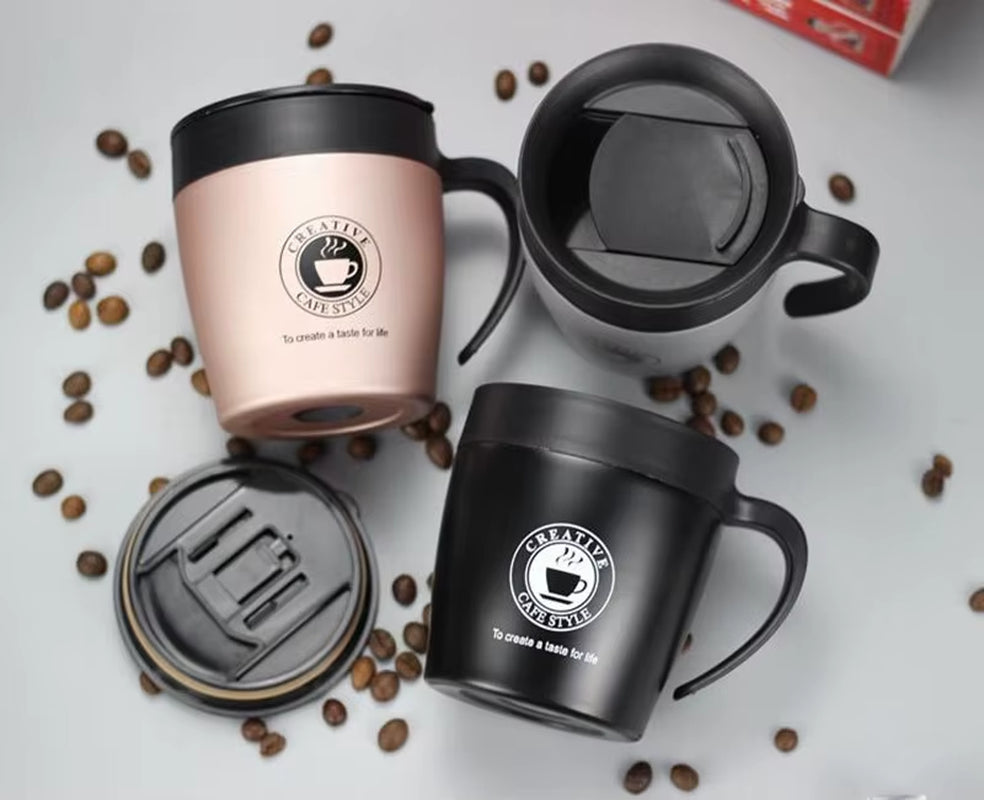 330ML Office Travel Coffee Cup Thermos Stainless Steel Coffee Mug Insulated Water Cups Tumbler with Handle Lid and Mixing Spoon