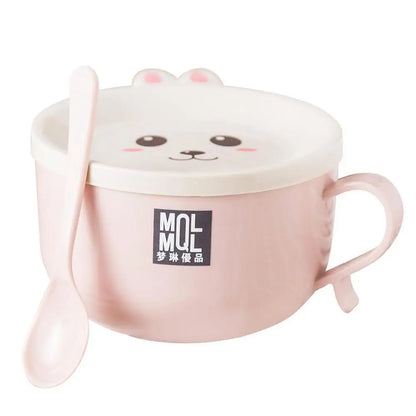 Stainless Steel Double-Layer Ramen Noodles Bowl Anti-Scalding Instant Noodle Bowl Cute Bunny with Lid and Spoon Tableware