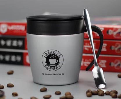 330ML Office Travel Coffee Cup Thermos Stainless Steel Coffee Mug Insulated Water Cups Tumbler with Handle Lid and Mixing Spoon