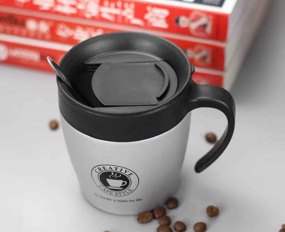 330ML Office Travel Coffee Cup Thermos Stainless Steel Coffee Mug Insulated Water Cups Tumbler with Handle Lid and Mixing Spoon