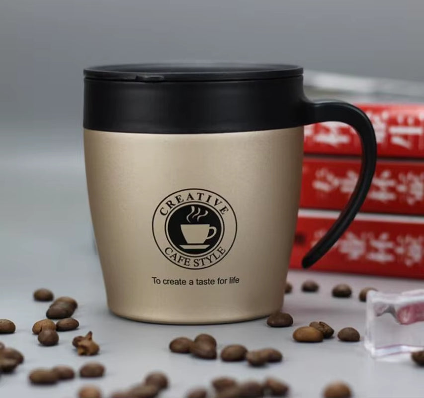 330ML Office Travel Coffee Cup Thermos Stainless Steel Coffee Mug Insulated Water Cups Tumbler with Handle Lid and Mixing Spoon