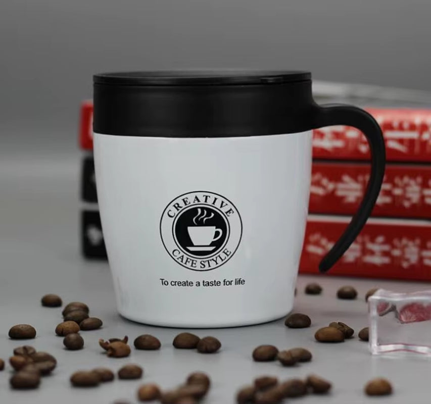 330ML Office Travel Coffee Cup Thermos Stainless Steel Coffee Mug Insulated Water Cups Tumbler with Handle Lid and Mixing Spoon