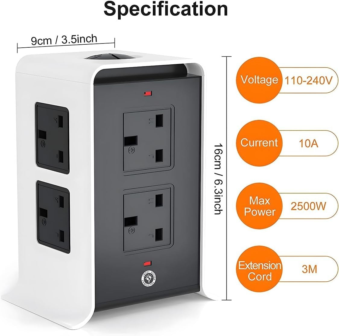 Tower Extension Lead 8 Socket +4 USB with Indicator & Surge Protection 5Mt Wire